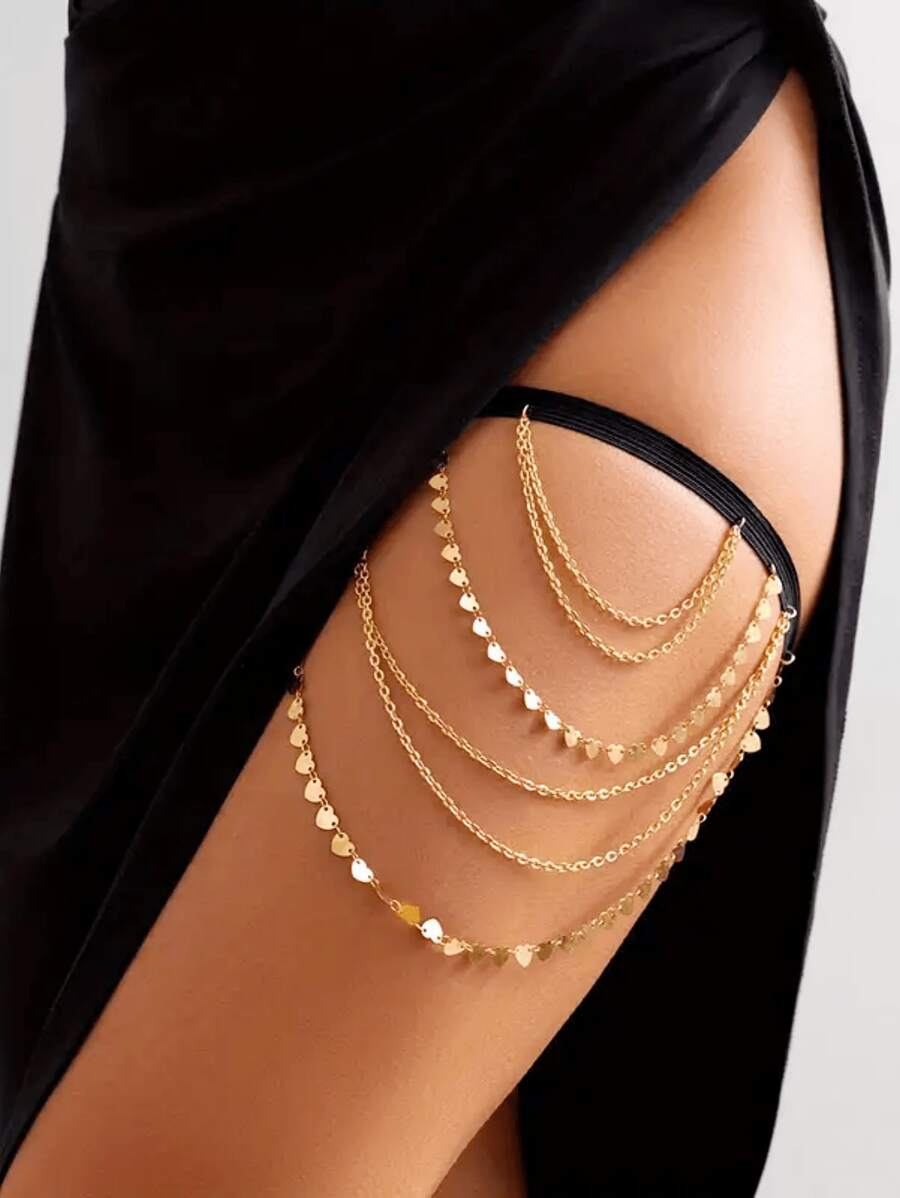 多层心形流苏弹力腿链，金属身体首饰大腿链，复古性感风格新娘婚礼派对配饰情人节 - 金色 - 查看 1
