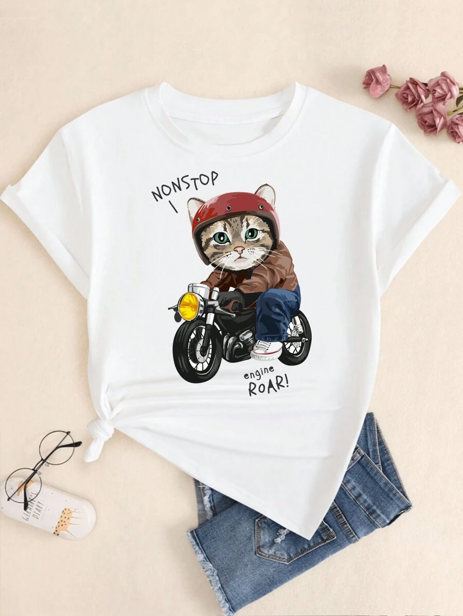 Monstop Babylook Cat Biker Print T-Shirt Short Sleeve Basic Casual Comfort Streetwear Cotton - 白色的 - 查看 1
