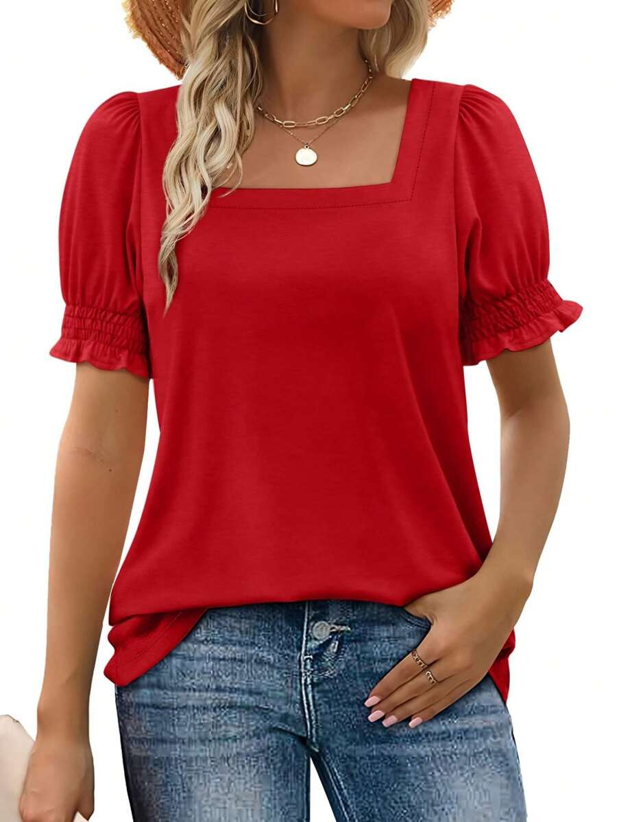 Huskary Tops For WomenSquare Neck Summer Casual Ruffle Trim Sleeve T Shirts - Đỏ - Xem 1