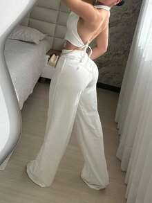 Buckle Decor Small V-Neck Camisole & Wide Leg Casual Pants Set White Summer - White - View 2