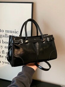 女士时尚手提包，大容量闪亮单肩包，带肩带，黑色 - 黑色 - 查看 3