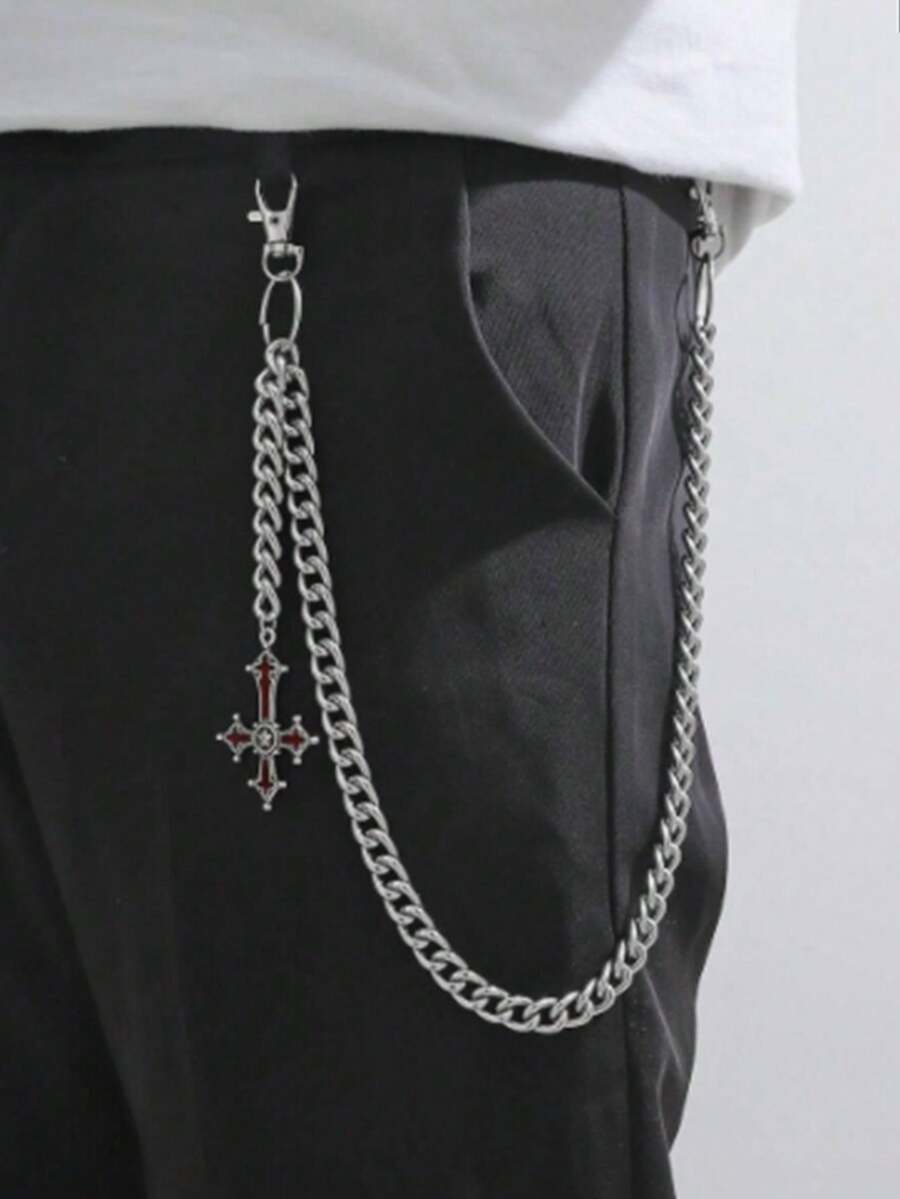 1pc Men's Thick Silver Chain Necklace With Red Cross Pendant, Suitable