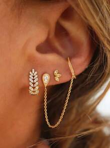 3 件精美 24K 镀金方晶锆石时尚耳钉女士锆石吊坠耳环套装 - 風格 - 查看 2