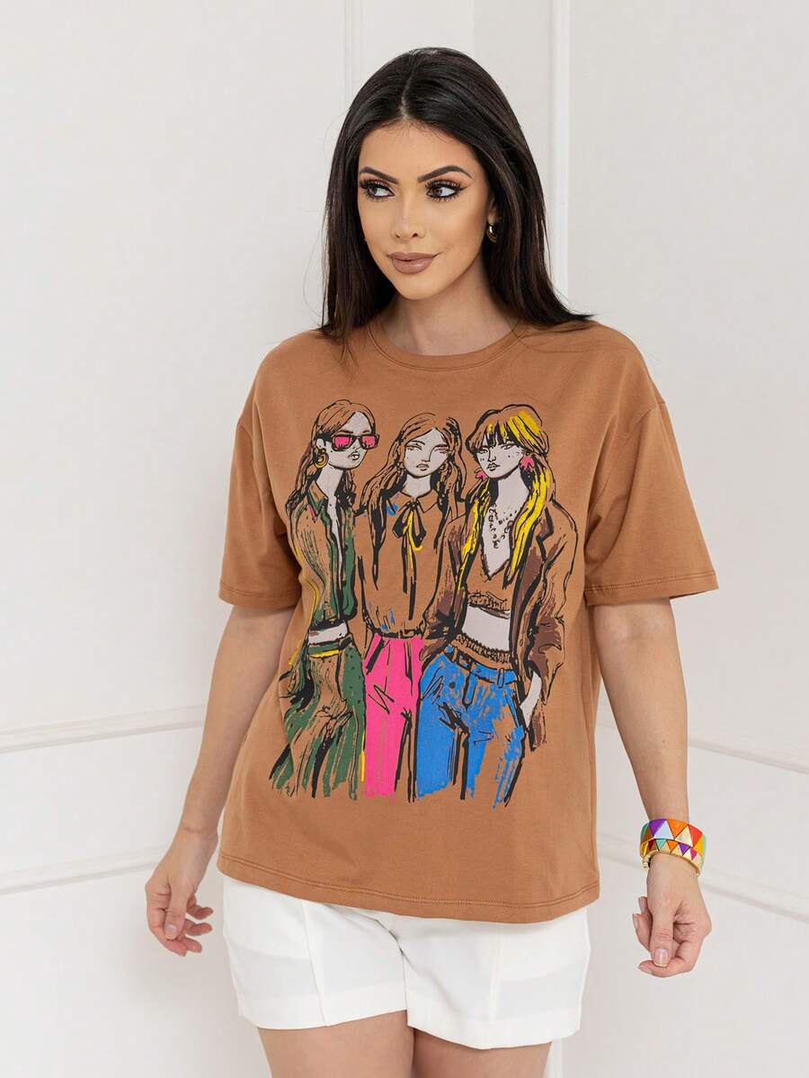 Women's Oversized T-Shirt With Washed Effect Print - màu nâu - Xem 1