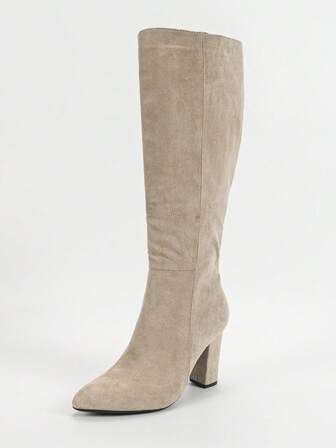 女士侧拉链粗跟过膝长靴，复古杏色时尚尖头靴，舒适优雅，适合秋冬季节搭配针织外套，百搭女鞋，适合各种场合，派对等。