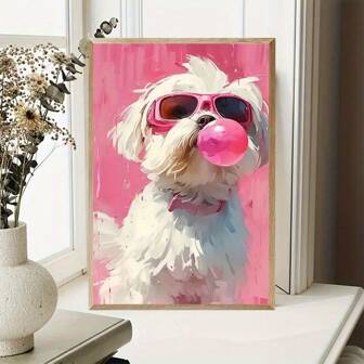 1 pieza Arte de pared de lienzo con perro elegante con gafas y chicle, decoración de hogar y oficina, póster abstracto, pintura moderna de mascota, obra de arte animal con estilo, regalo original para amantes de los perros, SIN marco