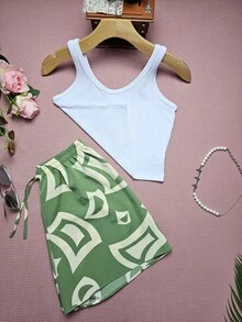 NEW Sets Cropped Top Simple Basic Tank Top+Short Shorts With Prints - 前綠福布茲克 - 查看 2