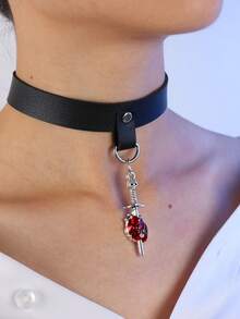 1 件装哥特式骷髅头剑与心形吊坠项圈黑色仿皮马具项链女士巫术珠宝女孩礼物创意朋克项圈 - 黑色 - 查看 3