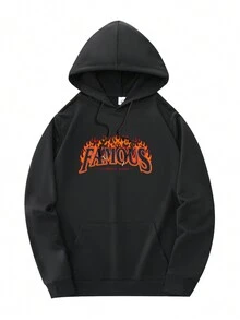 男友风男士休闲抽绳卫衣，火焰和英文字母印花图案套头衫，带袋鼠口袋，男友风男士卫衣 - 黑色 - 查看 2