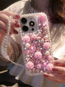 Floral Rose Faux Pearl Rhinestone Protection Phone Case Compatible With Apple 16 Pro Max, 16 Pro, 15 Pro Max, 15 Pro, 15 Plus, 15, 14 Pro Max, 14 Pro, 14 Plus, 14, 13 Pro Max, 13 Pro, 13, 12 Pro Max, 12 Pro, 12, 11 Pro Max, 11, XS Max, XS, XR, 7 Plus, 8 Plus And Galaxy S23, S24, S25, S25 Edge Waterproof Shockproof Anti-Fall Scratch Resistant - Bracelet Version - View 7
