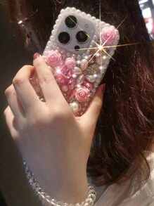 Floral Rose Faux Pearl Rhinestone Protection Phone Case Compatible With Apple 16 Pro Max, 16 Pro, 15 Pro Max, 15 Pro, 15 Plus, 15, 14 Pro Max, 14 Pro, 14 Plus, 14, 13 Pro Max, 13 Pro, 13, 12 Pro Max, 12 Pro, 12, 11 Pro Max, 11, XS Max, XS, XR, 7 Plus, 8 Plus And Galaxy S23, S24, S25, S25 Edge Waterproof Shockproof Anti-Fall Scratch Resistant - Bracelet Version - View 6