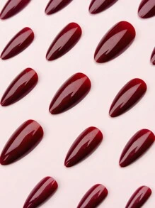 24 Stück glänzende weinrote Wassertropfen Nägel, mittellange einfarbige elegante Kunstnagel Spitzen mit Klebstoff, Maniküre Aufkleber Aufklebe-Nägel Nagelbedarf - Bordeaux - Übersicht 2