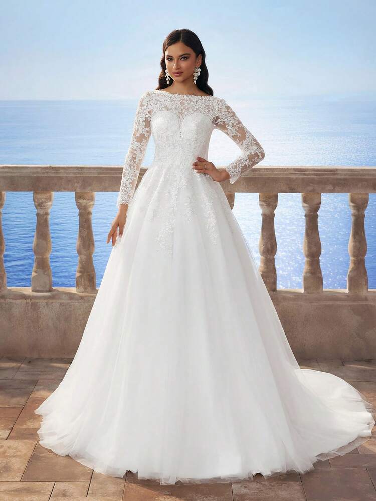 HEARBOBO Florence Lace Long Sleeve Backless Elegant Flared Mesh Trailing  Muslim Wedding Dress, White - Product Video