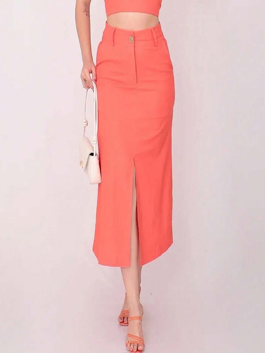 Steve Store Women's Fashion Linen Skirt With Pocket And Front Slit - 橘色 - 查看 1