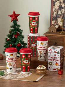 1 件大容量 580ML 陶瓷圣诞杯带盖，盒装，适合咖啡或茶，家庭使用，圣诞派对 - 彩色 - 查看 1