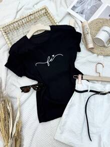 Women's Cotton T-Shirt Blouse T-Shirt Print TE+UM PEQUENO CORAÇÃO, Casual And Comfortable Cotton Material - màu đen - Xem 1