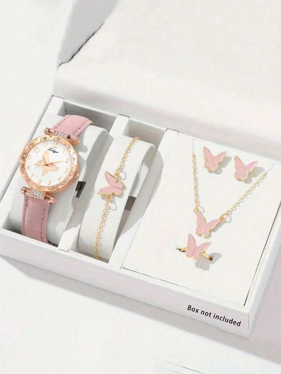 6 Pieces Girls Luxury Rhinestone Quartz Watch & Jewelry Set, Gift For Kids