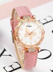 6 Pieces Girls Luxury Rhinestone Quartz Watch & Jewelry Set, Gift For Kids - Pink - View 5