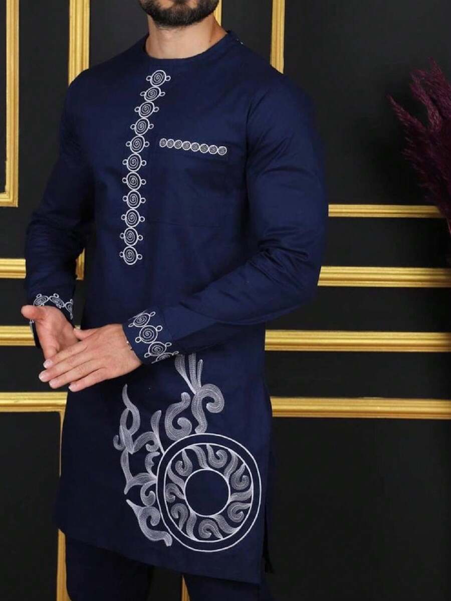 Plus Size Men's Navy Dashiki Set, Embroidery Design, Long Sleeve, Elastic Waist Pants, African Clothing, 2 Pieces Casual Shirt & Trousers Set, New For All Seasons, Suitable For Wedding, Party, Date, Daily Wear