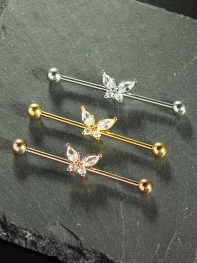 1PC Butterfly Industrial Barbell Earrings Conch Helix Piercing Jewelry 14G 38mm Cartilage Long Double Hole Earrings