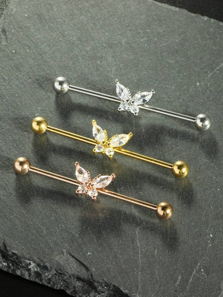 1 件蝴蝶工业杠铃耳环海螺耳钉珠宝 14G 38 毫米软骨长双孔耳环