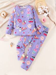 女孩新款不对称冰淇淋印花舒适可爱修身休闲长袖长裤套装 - 紫色 - 查看 1