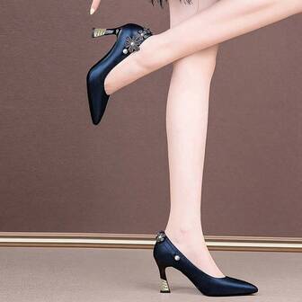 女士尖头粗高跟鞋蓝色花朵装饰时尚浅口鞋