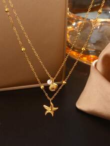 2 件/套不锈钢双层项链和脚链套装，带贝壳和海星海洋元素，非常适合海滩度假或派对，送给女士的礼物 - 金黃色 - 查看 3