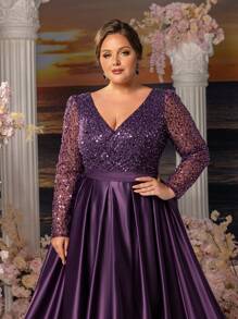 Faeriesty Mosy Plus Long Sleeves Surplice Neck Stain Hem Mother Of The Bride Dresses - Purple - View 9