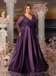 Faeriesty Mosy Plus Long Sleeves Surplice Neck Stain Hem Mother Of The Bride Dresses - Purple - View 8