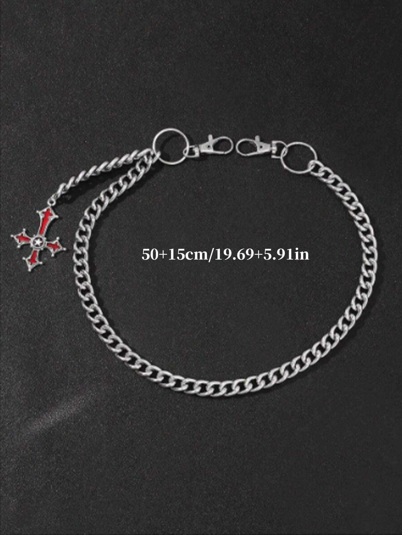 1pc Men's Thick Silver Chain Necklace With Red Cross Pendant, Suitable