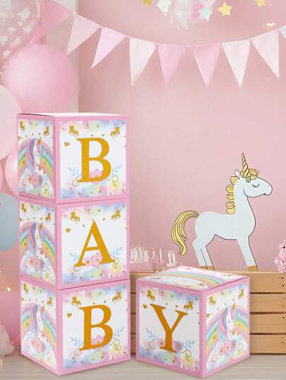 1 个 27 厘米彩虹独角兽主题纸盒，含 26 个字母，彩虹独角兽生日派对背景装饰盒气球盒礼品盒，生日礼物房间装饰，派对回礼彩虹独角兽装饰，婴儿送礼会派对装饰拍照道具，婚礼新娘送礼会派对房间背景装饰盒气球盒
