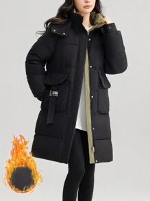 全新冬季女式简约宽松加厚派克大腿长夹克连帽夹克羽绒加厚夹克