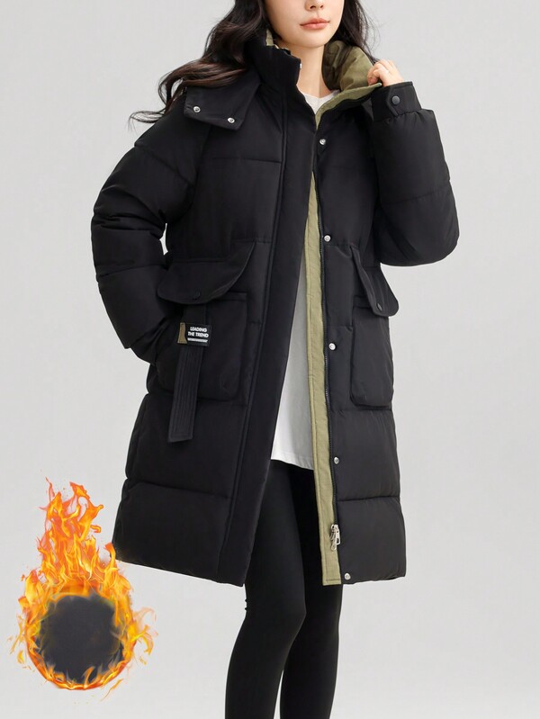 Nuovo parka imbottito invernale da donna, semplice e ampio, con cappuccio, giacca lungo la coscia, piumino spesso