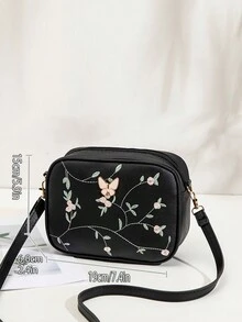 新款女士相机包，花卉和叶子刺绣多功能小包，拉链开合，可调节肩带，带衬里，蝴蝶结装饰，日常时尚百搭，秋冬 - 粉色 - 查看 5