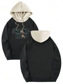 Men's Simple Letter Print Sweatshirt - Casual Knitted Polyester With Drawstring, Kangaroo Pocket, Fashionable Graphic Theme Print, Fitted Silhouette, Pullover Sweatshirt, Slightly Stretchy, All Season Wear - Black - View 2