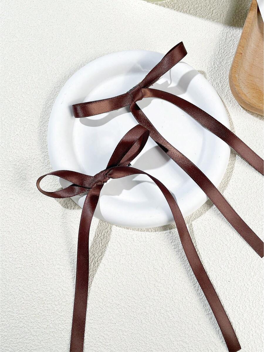 2 PCS Of Simple Solid Color Fo Women Bow Hair Clips Tassel Ribbon