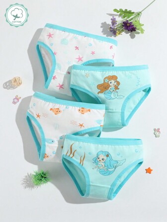 Set de 4 bragas triangulares casuales con estampado de sirena de dibujos animados suaves y cómodas para niña joven