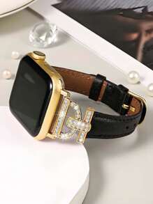 Huastonband 時尚設計師 D 字金色金屬裝飾軟棕色錶帶，適用於 Ultra 2 1 SE S9 8 7 6 5 4 3 2 1 系列，中性替換智慧手錶錶帶，38mm 40mm 41mm 42mm 44mm 45mm 49mm - 黑色 - 查看 5