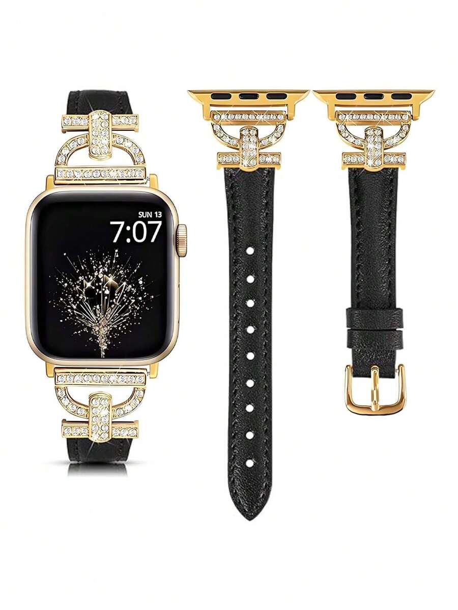 Huastonband 時尚設計師 D 字金色金屬裝飾軟棕色錶帶，適用於 Ultra 2 1 SE S9 8 7 6 5 4 3 2 1 系列，中性替換智慧手錶錶帶，38mm 40mm 41mm 42mm 44mm 45mm 49mm