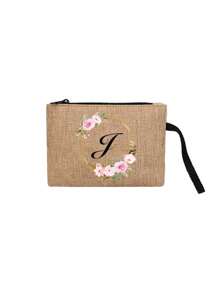 Printed With The First Letter And Floral Wreath Pattern Portable Handheld Wallet Portable Small Bag Suitable For Gift Giving Travel Small Package Lightweight Storage Bag Travel Washing Zipper Bag - Perfect For Travel And Vacation Parties Holiday Makeup Bag - Perfect Gift For Friends Family Or Oneself - Travel Bag Suitable For Both Men And Women For Women Wallet Mini Wallet Purse Wallet Wristlet Wallet Coin Wallet - Khaki - View 24