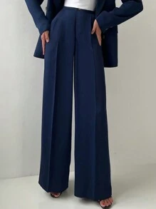 女士休闲弹力腰纽扣直筒裤，适合通勤、春夏穿着，优雅时尚，适合办公室女性和商务场合。 - 藏蓝色 - 查看 1