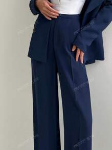 Pantalon droit décontracté avec taille élastique et boutons pour femmes, convient pour le bureau, le printemps/été, style élégant pour les professionnelles