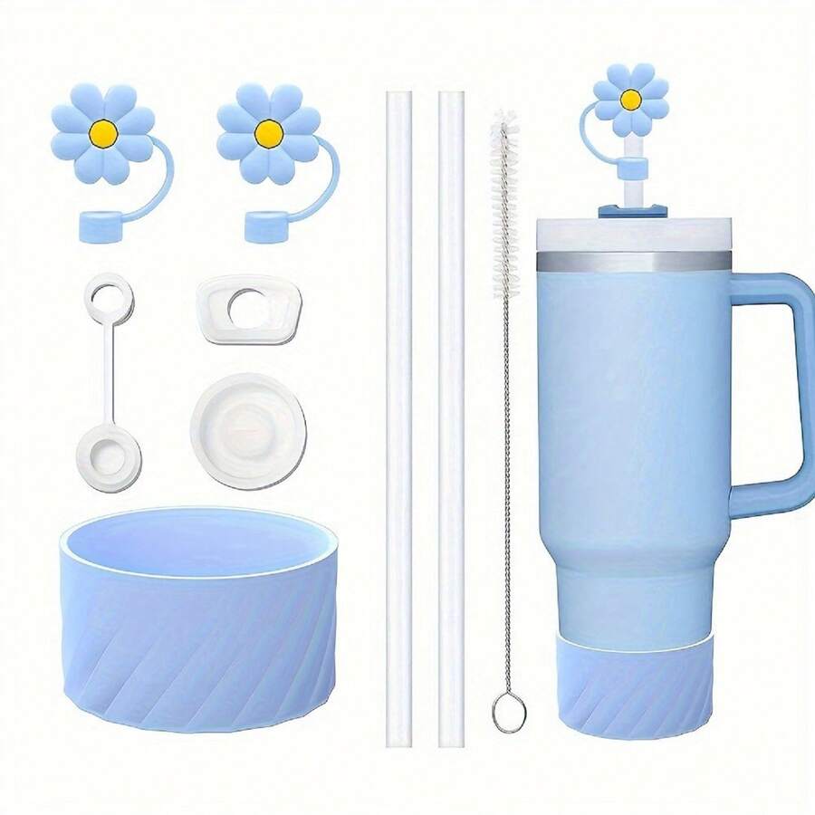 9 chiếc/Bộ phụ kiện cốc, ủng bảo vệ bằng silicon, 2 ống hút hoa, 3 nút chặn chống tràn bằng silicon cho cốc 40oz có nắp, tay cầm và 2 ống hút và 1 chổi - Nhiều màu - Xem 1