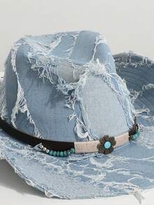 1 chiếc mũ cao bồi vành rộng bằng vải denim cổ điển dành cho nữ, thích hợp cho các lễ hội âm nhạc, sự kiện theo chủ đề cao bồi miền Tây, tiệc cổ điển, cosplay, biểu diễn sân khấu, đội hàng ngày trong mọi mùa - mũ đội đầu - Xem 5