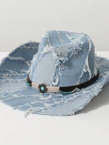 1 chiếc mũ cao bồi vành rộng bằng vải denim cổ điển dành cho nữ, thích hợp cho các lễ hội âm nhạc, sự kiện theo chủ đề cao bồi miền Tây, tiệc cổ điển, cosplay, biểu diễn sân khấu, đội hàng ngày trong mọi mùa - mũ đội đầu - Xem 3