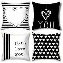 1 cái/4 cái Vỏ gối in chữ sọc trái tim đen trắng ngày lễ tình nhân bằng polyester, vỏ gối, trang trí phòng, trang trí phòng ngủ, trang trí ghế sofa, 45x45cm (không có lõi gối) - Nhiều màu - Xem 11