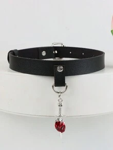 1 件装哥特式骷髅头剑与心形吊坠项圈黑色仿皮马具项链女士巫术珠宝女孩礼物创意朋克项圈 - 黑色 - 查看 4