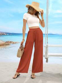 Pantalones rectos informales con bolsillo sesgado y cintura con cordón - Naranja - Ver 5