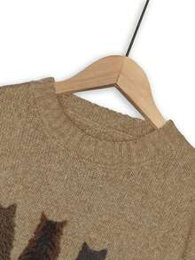Korean Style Colorblock Cat Print Loose Casual Knit Pullover Sweater - Brown - View 8
